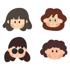 Vector set cartoon illustration of cute girl faces. Character design and lifestyle concept.