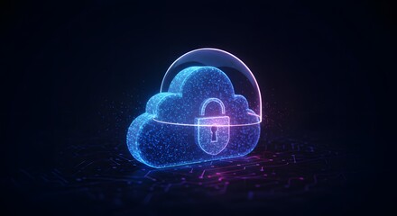  This captivating 3D rendering depicts a glowing, ethereal cloud icon, symbolizing cloud computing, enveloped in a protective shield of digital particles