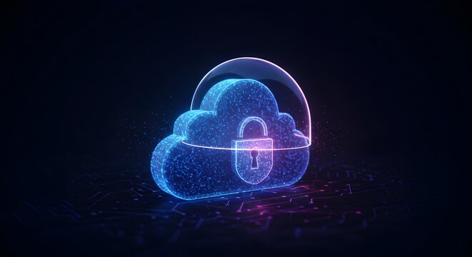 This captivating 3D rendering depicts a glowing, ethereal cloud icon, symbolizing cloud computing, enveloped in a protective shield of digital particles