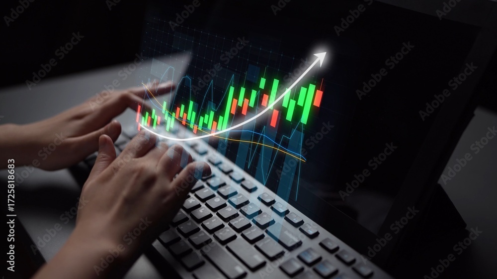 Aufkleber a detailed image of hands on a keyboard performing data analysis while a financial graph with upward