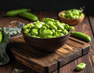 Fresh green broad beans in bowl