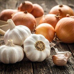 Fresh garlic and onions on rustic wood