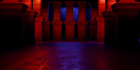 Medieval Crypt Underground Massive Concrete Cement Blocks Pillars Hallway Room Tunnel Corridor Bunker Hangar Realistic Stage Lights Empty Warehouse 3D Rendering © IM_VISUALS