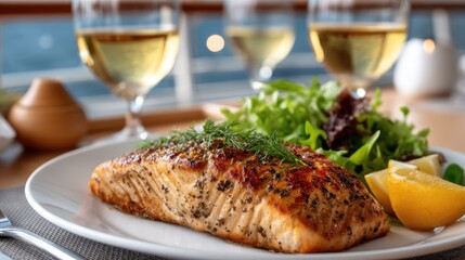 A refreshing salad topped with salmon and cherry tomatoes sits next to a glass of white wine on a wooden table by the sea
