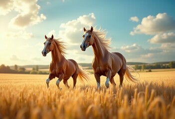 Obraz premium Majestic Horses Galloping Through Lush Golden Wheat Fields Scenic Landscape Nature Beauty