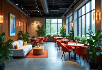 Fototapeta premium Trendy Co-Working Space Stylish Decor Modern Interior Design Creative Environment Inspiring Workspaces Collaborative Areas Comfortable Furniture