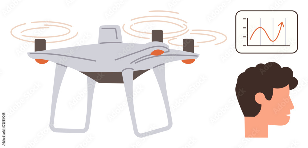 Poster drone with spinning propellers, human profile, data graph for analysis and insights. ideal for innov