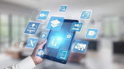 Online education icons show e-learning, online education classes, and digital study. Online education enables global online education access, flexible learning. Gist