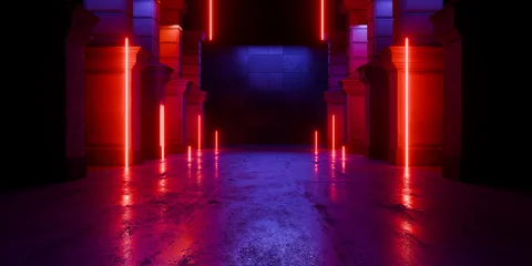 Medieval Egyptian Underground Massive Concrete Cement Blocks Pillars Hallway Room Tunnel Corridor Bunker Hangar Realistic Stage Lights Empty Warehouse 3D Rendering © IM_VISUALS