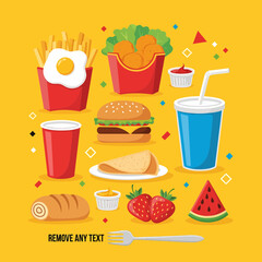 Colorful Fast Food and Dessert Assortment with Fries Burger and Watermelon.