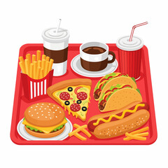 Cartoon Fast Food Feast Burger Pizza Tacos Hotdog Fries and Drinks on a Red Tray.