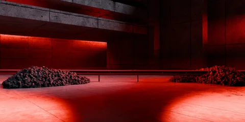 Neon Laser Lights Underground Massive Concrete Cement Blocks Piles Maintenance Hallway Room Tunnel Corridor Bunker Hangar Realistic Stage Empty Warehouse 3D Rendering © IM_VISUALS