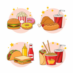 Cartoon Fast Food Collection Burger Donuts Popcorn Fried Chicken Taco Sandwich Noodles and Soda.