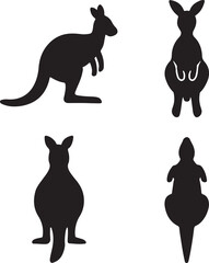 kangaroo silhouette icons set side, front, back, and top views vector art illustration
