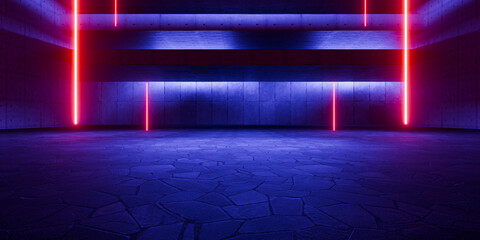 Modern Underground Massive Concrete Cement Blocks Hallway Room Tunnel Corridor Bunker Hangar Realistic Stage Lights Empty Warehouse 3D Rendering © IM_VISUALS