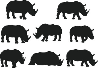 Set of rhinoceros silhouettes illustration, wild animal shapes collection, black vector rhino icons, African wildlife design elements, standing grazing sleeping positions, nature art