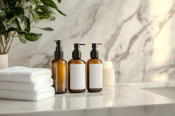 Mockup of shampoo, soap and lotion brown bottles on a marble bathroom counter in a luxury hotel.