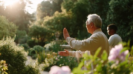 Tai Chi practice in serene garden during golden hour sunlight in peaceful setting