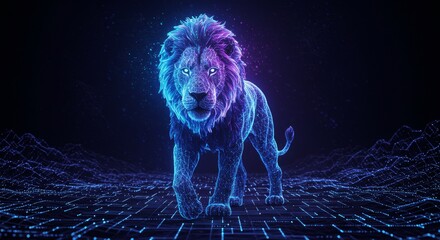 Majestic Lion - A stunning of a lion, in vibrant blue and purple hues, walking across a gridded landscape