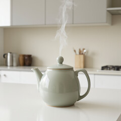 high quality photo of a ceramic kettle with steam on a white kitchen island
