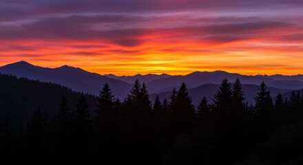Obraz premium Majestic Mountain Sunset - Vibrant sunset over a silhouetted mountain range, with dark evergreen trees in the foreground. Peaceful landscape