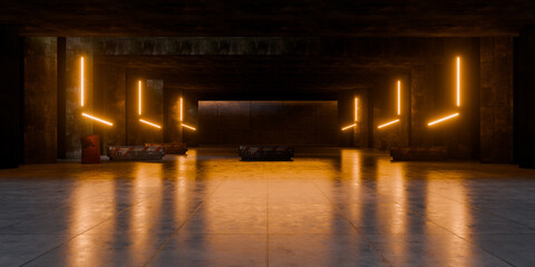 Neon Laser Lights Underground Massive Concrete Cement Blocks Roadblocks Hallway Room Tunnel Corridor Bunker Hangar Realistic Stage Empty Warehouse 3D Rendering © IM_VISUALS