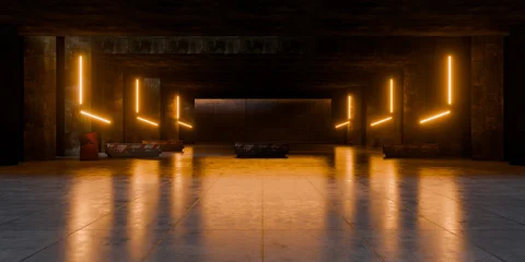 Neon Laser Lights Underground Massive Concrete Cement Blocks Roadblocks Hallway Room Tunnel Corridor Bunker Hangar Realistic Stage Empty Warehouse 3D Rendering © IM_VISUALS