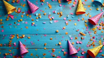 Carnival hats confetti festive background wooden table