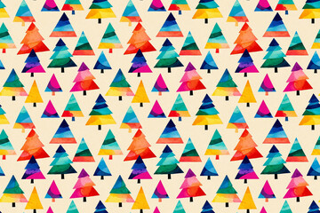 Minimalist Christmas watercolor seamless pattern. Abstract geometric trees and dynamic pop art inspired color blocks. A fresh, modern concept for textiles and creative packaging
