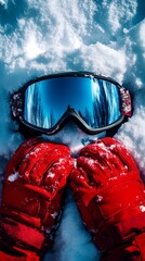 Red gloves holding ski goggles winter snow adventure