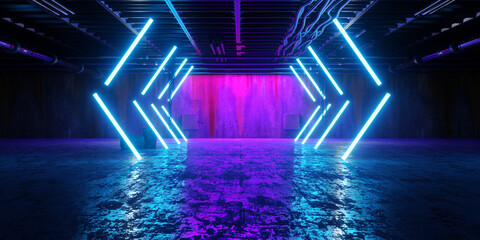 Modern Alien Tunnel Corridor Spaceship Red Glow Lasers Room Garage Hangar Warehouse Sci Fi Futuristic Metal Mesh Panels Structure Stone Floor Showroom Garage Lights 3D Rendering © IM_VISUALS