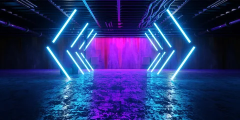 Modern Alien Tunnel Corridor Spaceship Red Glow Lasers Room Garage Hangar Warehouse Sci Fi Futuristic Metal Mesh Panels Structure Stone Floor Showroom Garage Lights 3D Rendering © IM_VISUALS