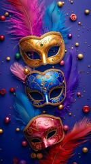 Carnival masks with feathers stacked for cultural celebration