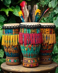 Traditional drums with ribbons and festive flags perfect for carnival celebration music event cultural themes