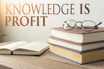 Knowledge Is Profit - Inspirational Quote with Books and Glasses