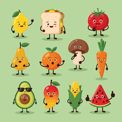 Fototapeta premium Cartoon Food Characters Smiling Lemon Sandwich Tomato Pear Orange Mushroom Carrot Avocado Mango Corn Watermelon.