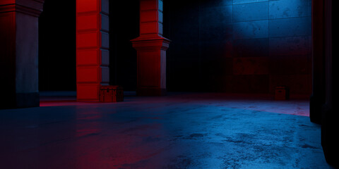 Medieval Egyptian Underground Massive Concrete Cement Blocks Pillars Hallway Room Tunnel Corridor Bunker Hangar Realistic Stage Lights Empty Warehouse 3D Rendering © IM_VISUALS