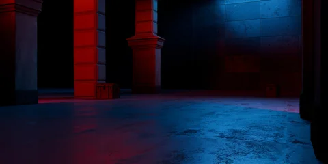 Medieval Egyptian Underground Massive Concrete Cement Blocks Pillars Hallway Room Tunnel Corridor Bunker Hangar Realistic Stage Lights Empty Warehouse 3D Rendering © IM_VISUALS