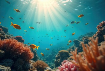 Obraz premium Serene Underwater Scene Vibrant Coral Reef Diverse Marine Life Colorful Fish Peaceful Ocean Environment