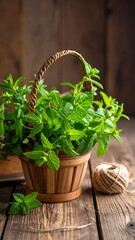Fresh mint sprigs in a wooden basket