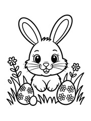 Cute easter bunny surrounded by flowers and decorated eggs coloring page