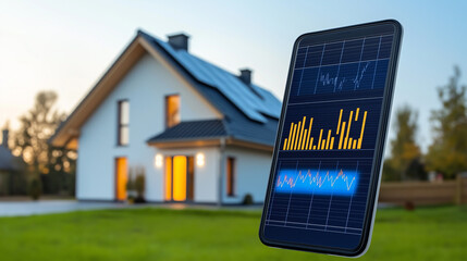 Smartphone with energy consumption analytics on screen, displayed in front of an eco-friendly house with solar panels