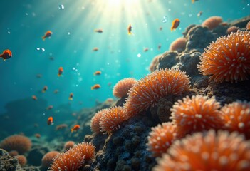 Obraz premium Serene Underwater Scene Vibrant Coral Reef Marine Life Schools of Fish Colorful Aquatic World Tranquil Ocean Depths