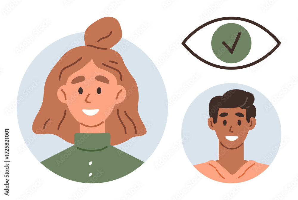 Aufkleber smiling people in circles and an eye with a check mark symbolize identity verification, approval, tr