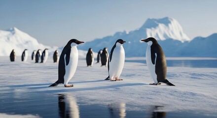Three penguins stand on an icy surface with a snowy mountain backdrop