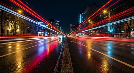 A busy city street scene at night with vibrant long-exposure light trails from moving cars and the blurred reflections of skyscrapers on a wet asphalt street.