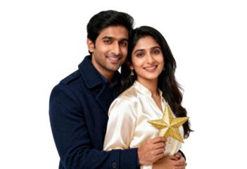 Happy Indian Couple Holding Star Ornament on White