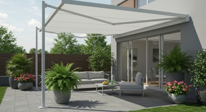 Modern Patio Retractable Awning Design - Stylish outdoor patio with retractable awning, modern furniture, and lush greenery. Perfect for relaxing and enjoying the outdoors