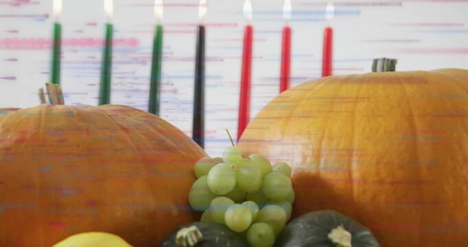 Glitch lines glitching over pumpkins as green candle igniting later candles lighting casting glow