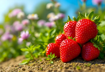 Fresh ripe strawberries rest on soil surrounded by green leaves under bright sunlight with a blurred background of pink flowers creating a vibrant and summery garden atmosphere